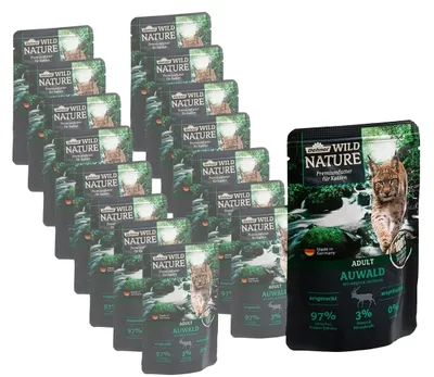 Produktbild von Dehner Wild Nature Katzenfutter Auwald, Nassfutter getreidefrei / zuckerfrei, für ausgewachsene Katzen, Hirsch / Truthahn, 16 x 85 g Beutel (1.36 kg)