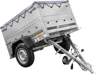 Produktbild von Pkw Anhänger 150x106 GARDEN TRAILER 150 KIPP mit zusätzlichen Bordwänden, Stützrad und grauer Flachplane