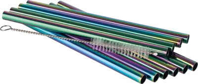 Produktbild von 10 Trinkhalme aus Edelstahl Regenbogen-Look mit Reinigungsbürste ØxL: 8 x 150 mm