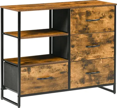 Image de Commode de rangement - Meuble de salon - 4 tiroirs - 2 étagères - Tiroirs en tissu pliables - Structure en acier & MDF - 84×30×71,5 cm - Marron olive