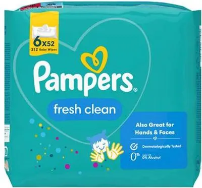 A package of Pampers Fresh Clean baby wipes.