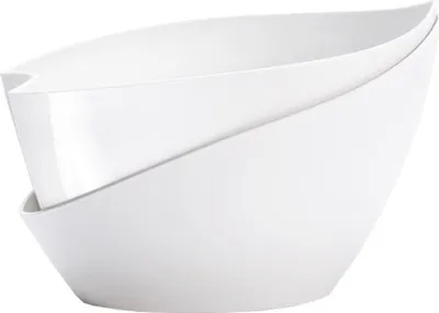 Two white planters are nested together, with the top one slightly offset.