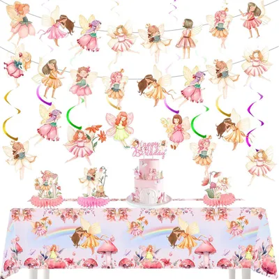 Immagine prodotto di Set di ghirlande decorative, 15 pezzi, ideali per feste a tema fate, compleanni di bambini, con tovaglia e decorazioni da appendere