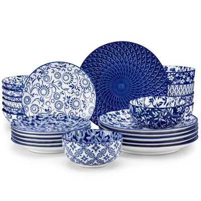 Produktbild von Vancasso Tafelservice, 24-tlg Blau und Weiß Porzellan Kombiservice, mit Essteller, Dessertteller, Schalen, Suppenteller für 6 Personen