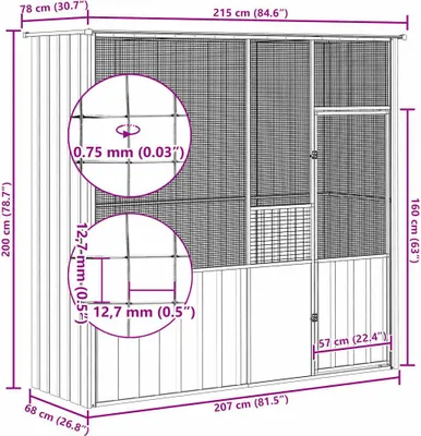 Produktbild von vidaXL Voliere Grau 215x78x200 cm Verzinkter Stahl