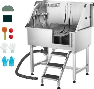 Produktbild von Tierpflegewanne mit Treppe und Wasserhahn - Duschkopf und rechte Tür - Abmessungen 961x620x1220mm