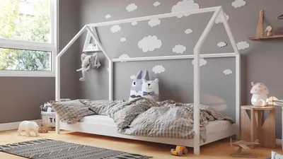 Produktbild von Kinderbett Haus Weiß 80x180 cm – Hausbett Holz Montessori für Jungen und Mädchen – Skandinavisches Design – Ohne Matratze