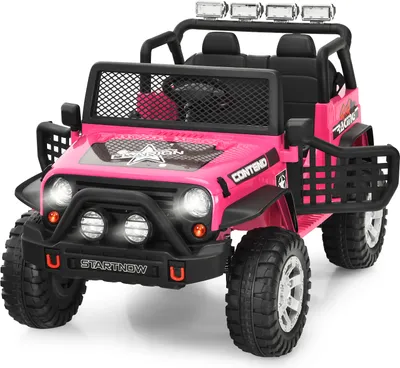 A pink toy jeep with black accents is shown from a front-right angle against a white background.