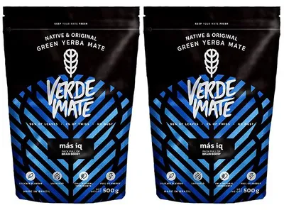 Produktbild von Verde Mate - Mate Tee Mas IQ 2x500g - Dicke Blätter 5mm - Für Fokus & Konzentration - mit Ginseng, Ginkgo, Guarana - Ananas, Orange - Brasilien
