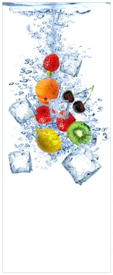 Produktbild von Wallario Wandbild aus Acryl, 125 x 50 cm, freischwebende Optik - Obst-Eiswürfel-Mix im Wasser mit weißem Hintergrund