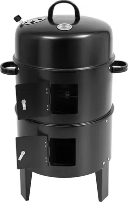 Image de Barbecue fumoir multifonctionnel - Fumoir BBQ à 2 niveaux - 3 en 1 : fumage/braisage/grillade - Ø 40 cm - Grille de cuisson 38,5 cm - Fer - Portable - Noir