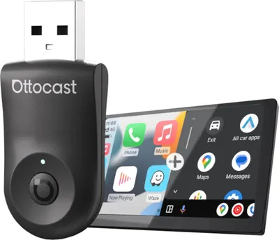 A black Ottocast wireless CarPlay/Android Auto adapter is shown next to a car infotainment screen displaying app icons.
