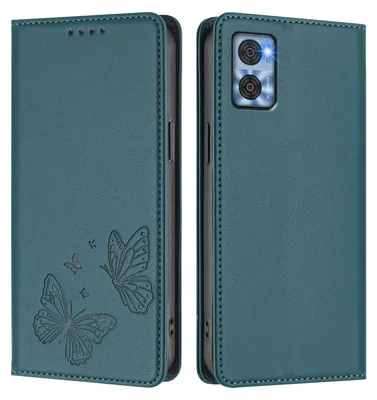 Produktbild von Lederhülle für Motorola Moto E22 / E22i, Schmetterling Prägung Leder Brieftasche Schutzhülle mit Ständer Grün