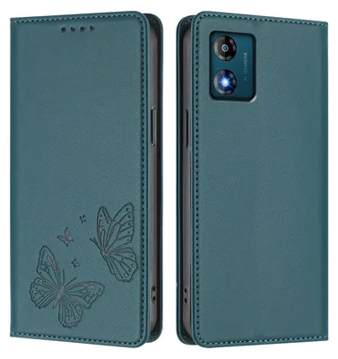 Produktbild von Lederhülle für Motorola Moto E13, Schmetterling Prägung Leder Brieftasche Schutzhülle mit Ständer Grün