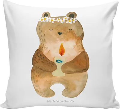 Produktbild von Mr. & Mrs. Panda kissen für sofa Bär Kommunion - Weiß - Geschenk, 40x40, Kuschelkissen, Teddy, Taufkerze, Dekokissen, bedruckt, Gottes Segen, Katholisch, Deko