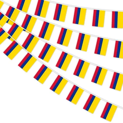 Obrázek produktu pro Girlanda s vlaječkami Kolumbie, 30 kusů, rozměr 14x21 cm, délka 10 metrů, materiál: polyester, vhodná pro dekorace na party