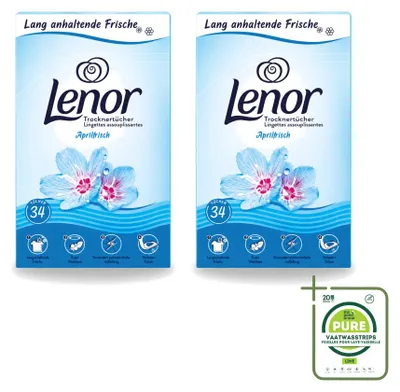 Immagine prodotto di 2 confezioni di salviette Lenor per l'asciugatrice, profumo Aprilfrisch, contenenti 34 salviette ciascuna. Confezione grande