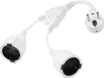 A white electrical splitter with one plug and two sockets, shown against a white background.