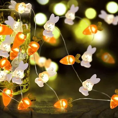 Zdjęcie produktu dla Lampki LED na Wielkanoc, długość 5 metrów, 50 diod LED, zasilanie USB, w kształcie korzenia i królika, zasilane bateryjnie, do dekoracji wnętrz i na zewnątrz.