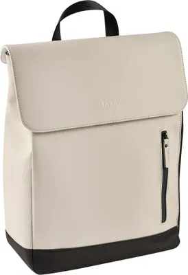 A cream and black backpack is shown against a white background.