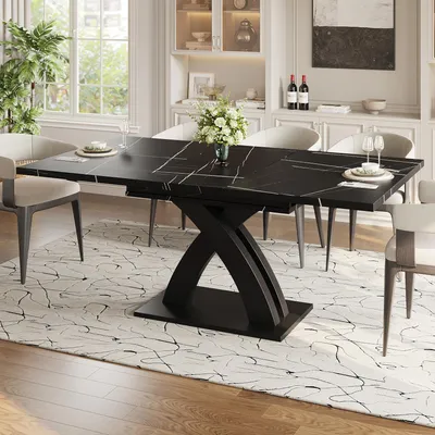 Image de MODFU Table à Manger Extensible - Pieds Métal en X et Plateau MDF, Table Rectangulaire pour Cuisine et Salle à Manger 120-160x80x76 cm, Noir