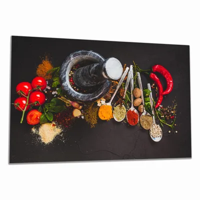 Produktbild von Wallario Herdabdeckplatte aus Glas, Größe 80 x 52 cm 1-teilig, Motiv Mörser mit Kräutern und Gewürzen