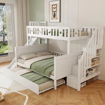 Obrázek produktu pro Patrová postel Merax 90x200cm/140x200cm se skluzavkou a schody, podkrovní postel s výsuvným lůžkem a policemi, dětská postel s ochranou proti vypadnutí a roštovým rámem, bílá