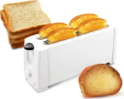 A white toaster with several slices of toast in it and a stack of bread next to it.