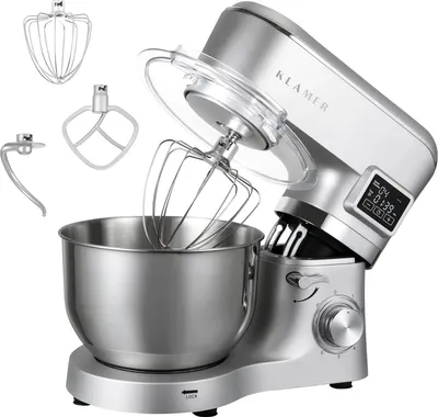 Produktbild von KLAMER Küchenmaschine Classic 1400 W – 5,5 L Rührschüssel aus Edelstahl, Knet-, Rühr- & Schneebesenaufsatz, Timer & LED-Display, stabile Saugnapffüße, ideal für Brot-, Kuchen- & Pizzateig