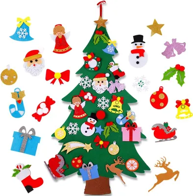 Produktbild von Flacher Filz Weihnachtsbaum - 4 Fuß DIY Vlies-Weihnachtsschmuck Baum mit 28 abnehmbaren Schneemann- und Süßigkeiten-Anhängern für Kinder