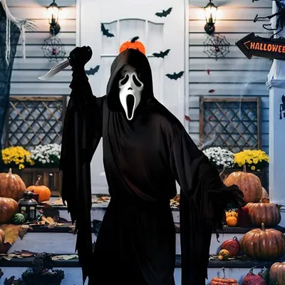 Produktbild von Schauriges Screaming Ghost Kostüm Adult Halloween Party Kostüm Ganzkörperkostüm mit Scream Mask und Bindegürtel, Faschingskostüme für Karneval Horror-Kostüme