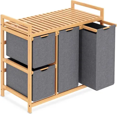 Image de iEGrow Panier à linge 3 compartiments Bambou Roulettes 150L Gris