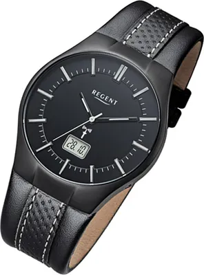 A black men's wristwatch with a black leather strap, shown at an angle against a white background.