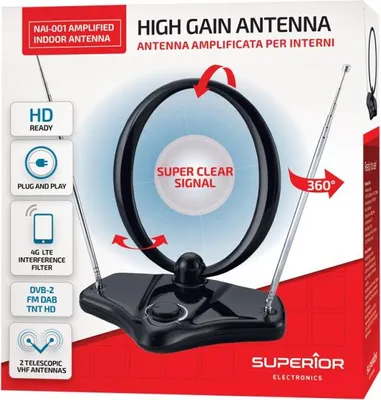 Zdjęcie produktu dla nuovaVideosuono NAI001, Wewnętrzna, Czarny, Mono, 30 dBi, 0 - 360°, DVB-T, DVB-T2