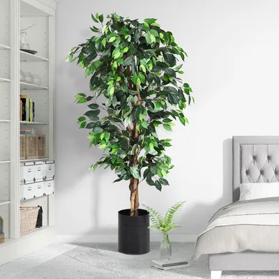 Produktbild von GOPLUS 180 cm Ficusbaum mit Topf, Kunstpflanze mit 1008 Blättern und Echtholzstamm, Dekopflanze, Polyester und Holz, inkl. Topfabdeckung