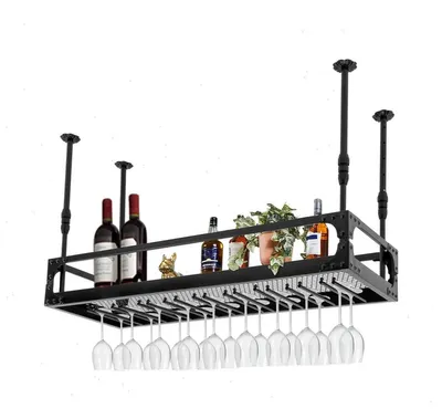 Zdjęcie produktu dla Wiszący regał na wino – uchwyt na butelki i kieliszki – regulowana wysokość 35–55 cm – półka 100×35 cm – nośność 50 kg – żelazo – czarny