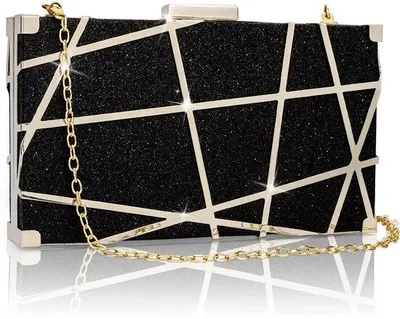 Image de Pochette noire pour femme avec motif en chaîne, petit sac à bandoulière, tissu brillant, idéale pour les occasions spéciales et les cocktails