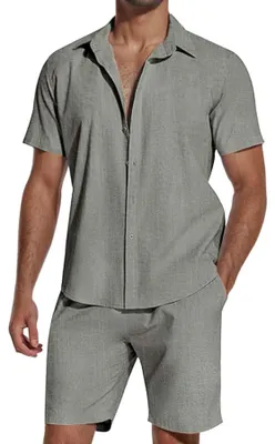 Image de Ensemble de pyjama en coton pour hommes, manches courtes et short, couleur grise