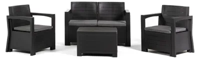Produktbild von Set-Relaxmöbel für den Außenbereich 4 Sitzplätze mit Sofa, Sesseln, Tisch und Kissen aus Polypropylen in Holzoptik für Garten - LICATA/Schwarz