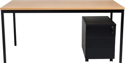 Produktbild von Schreibtisch und Stahl Rollcontainer, 3 Schübe, Buche, 180x80x75 cm
