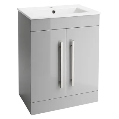 Produktbild von Waschbeckenunterschrank AVON mit Keramik Waschbecken Grau Hochglanz 60 x 80x 38 cm stehender, zweitüriger Badschrank für Badezimmer