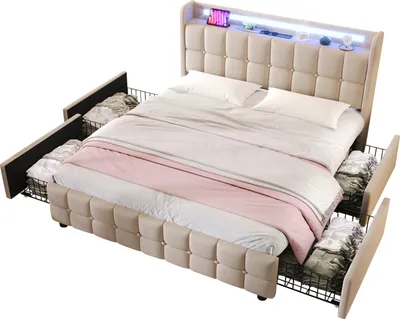 Produktbild von Gepolstertes Doppelbett (160 x 200 cm), LED-Kopfteil, 4 Schubladen, USB-Anschluss, beige Bettwäsche, Matratze nicht im Lieferumfang enthalten