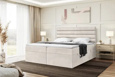 Produktbild von MEBLINI Boxspringbett mit Bettkasten - Gepolstert Doppelbett mit Matratze und Topper - Polsterbett mit Stauraum - Bett mit Kopfteil - Stauraumbett - KARIM - 180x200 - H3/Beige Samt