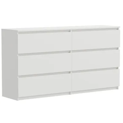 A white dresser with six drawers against a white background.