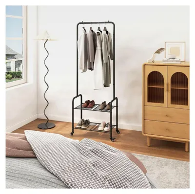 Produktbild von Garderobenständer aus Metall, freistehender Kleiderbügel mit Rollen und 2 Ablagefächern für das Schlafzimmer 61×32×176CM Schwarz