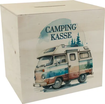 Produktbild von Campingwagen Spardose aus Holz mit Spruch Campingkasse