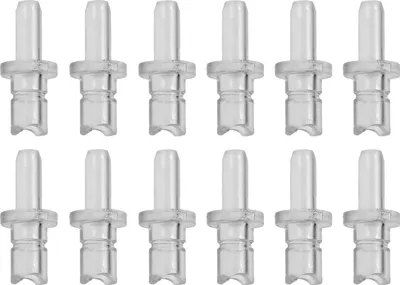 A group of clear plastic coffee machine milk frother components arranged in two rows against a white background.