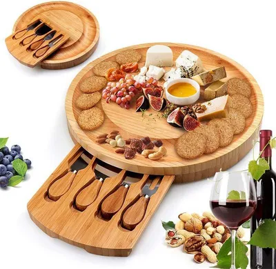Produktbild von Zimilo Runde Bambus Käseplatte 25x25cm Set mit Edelstahl Messer Gabel | Tragbares Schneidebrett für Steak Pizza Kuchen | Servierbrett ökologisch