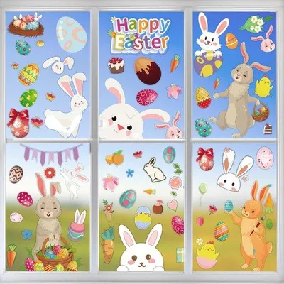 Produktbild von PVC-Paasraumstickers, selbstklebend, 9 Blatt, Paarhufer und Ostereier, Dekoration für Fenster und Ostern