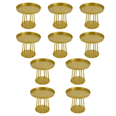 A collection of ten gold-colored cake stands arranged in rows against a white background.